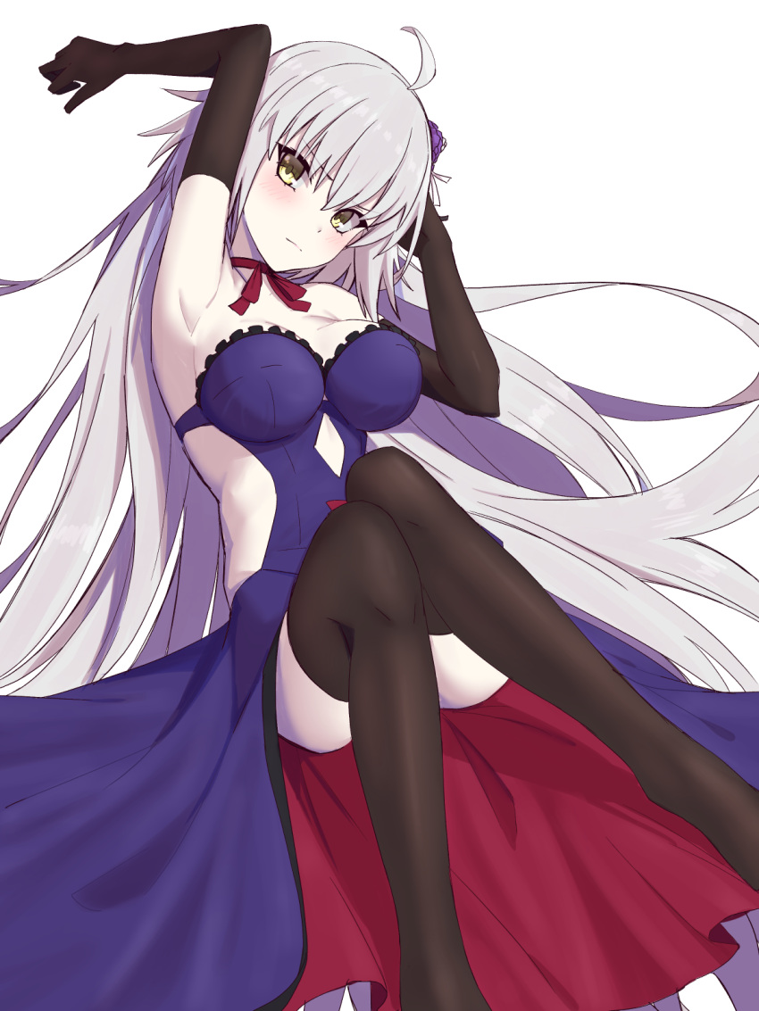1girl ahoge bare_shoulders black_gloves black_legwear blush breasts commentary_request dress elbow_gloves elfenlied22 eyebrows_visible_through_hair fate/grand_order fate_(series) flower gloves hair_flower hair_ornament highres jeanne_d'arc_(alter)_(fate) jeanne_d'arc_(fate)_(all) large_breasts long_hair looking_at_viewer pink_dress purple_dress red_ribbon ribbon silver_hair simple_background solo thigh-highs white_background yellow_eyes