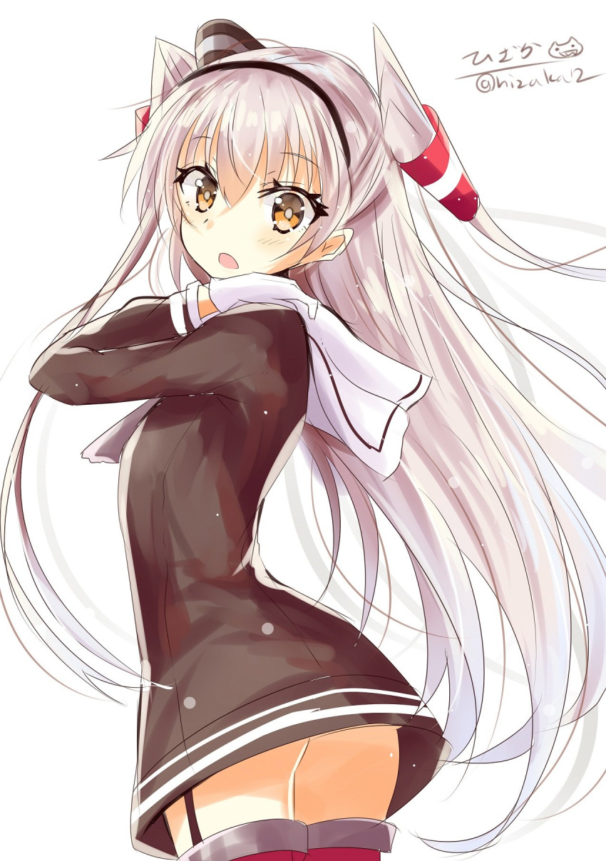 1girl amatsukaze_(kantai_collection) blush brown_dress brown_eyes dress eyebrows_visible_through_hair garter_straps gloves hair_between_eyes hair_ornament hair_tubes hairband highres hizaka kantai_collection long_hair long_sleeves looking_at_viewer open_mouth sailor_dress short_dress silver_hair simple_background solo two_side_up white_background