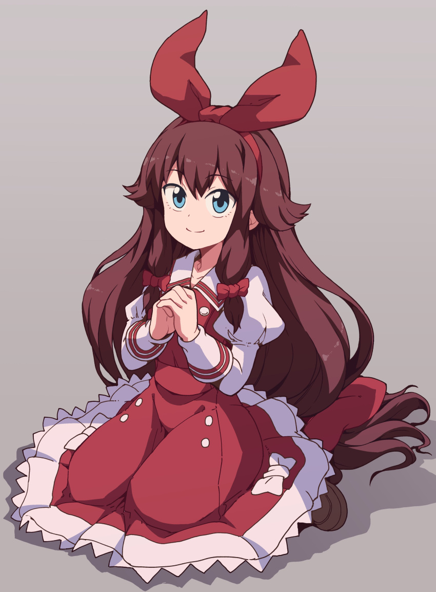 1girl absurdres blue_eyes blush bow brown_footwear brown_hair character_request closed_mouth collarbone copyright_request full_body grey_background hair_bow hairband highres kneeling long_hair long_sleeves nazonazo_(nazonazot) red_bow simple_background smile solo