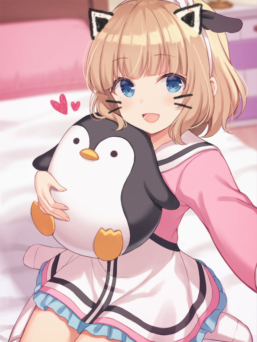 1girl :d animal_ears bangs bed bedroom blonde_hair blue_eyes blurry blurry_background blush collared_dress copyright_request depth_of_field doll_hug drawer drawn_ears dress eyebrows_visible_through_hair fake_animal_ears fake_whiskers hairband heart highres indoors kneehighs long_sleeves nagisa3710 no_shoes on_bed open_mouth pillow pink_dress reaching_out self_shot shiratori_kurumi short_hair sidelocks sitting smile solo stuffed_animal stuffed_penguin stuffed_toy virtual_youtuber wariza white_legwear