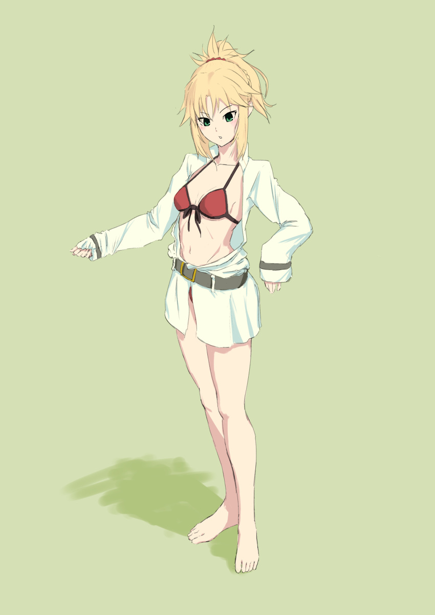 1girl :o absurdres alternate_costume barefoot blonde_hair blush braid breasts fate/grand_order fate_(series) french_braid green_background green_eyes groin highres mordred_(fate) mordred_(fate)_(all) mordred_(swimsuit_rider)_(fate) navel oishii2929 ponytail sleeves_past_wrists small_breasts solo