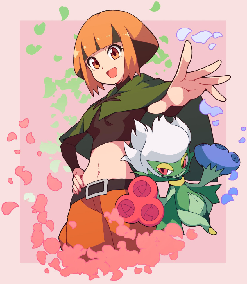 1girl absurdres belt blush breasts brown_eyes brown_hair crop_top flower gardenia_(pokemon) highres long_sleeves looking_at_viewer multicolored_hair navel nazonazo_(nazonazot) open_mouth pokemon pokemon_(creature) pokemon_dppt rose roserade short_hair small_breasts smile solo two-tone_hair