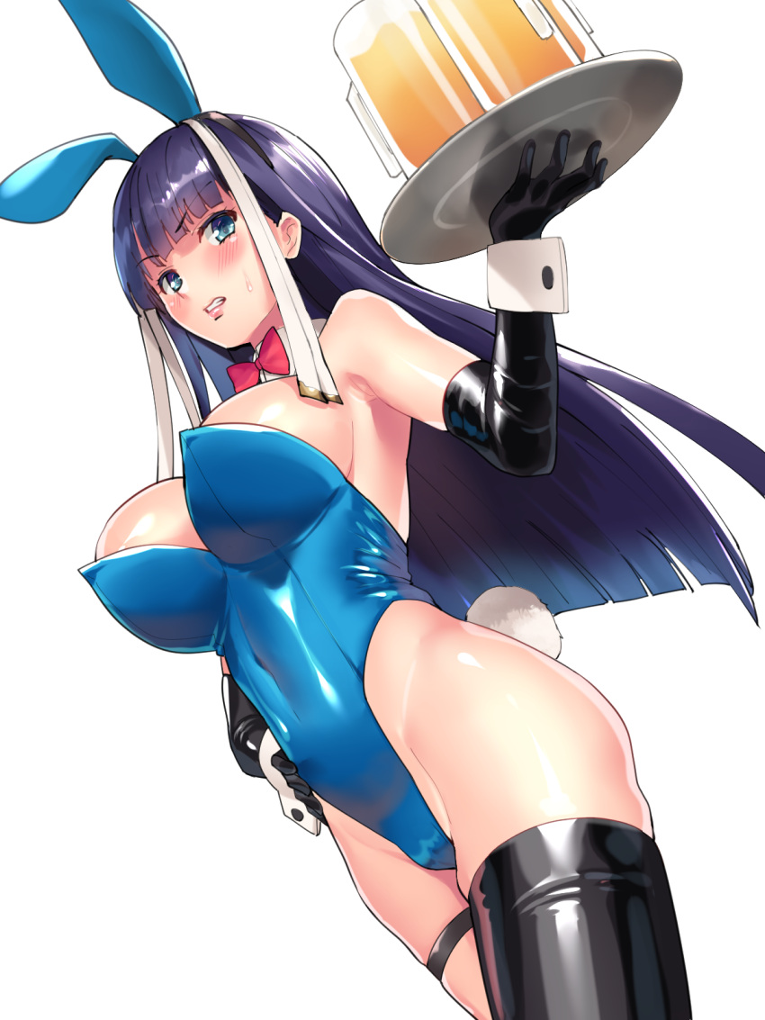 1girl alcohol animal_ears beer beer_mug blue_eyes blush breasts bunny_tail bunnysuit detached_collar dutch_angle elbow_gloves fate/grand_order fate_(series) gloves hand_on_hip highleg highres large_breasts long_hair ohlia purple_hair rabbit_ears saint_martha tail thigh-highs tray white_background