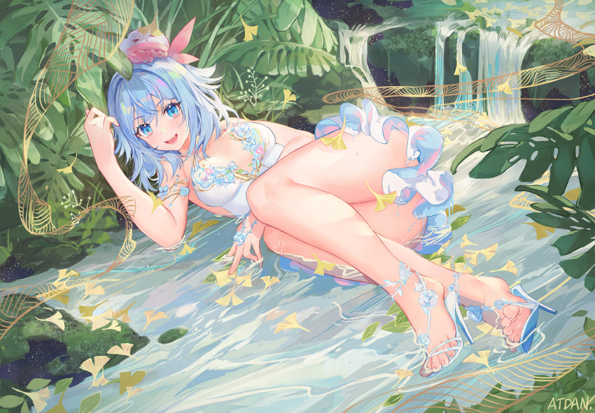 1girl :d artist_name atdan bare_legs bare_shoulders blue_eyes blue_hair breasts day dress feet haiyi hat high_heels jellyfish looking_at_viewer lying medium_breasts nature on_back open_mouth outdoors plant revision river sandals short_hair sleeveless sleeveless_dress smile solo strapless strapless_dress synthesizer_v thighs water wet white_dress