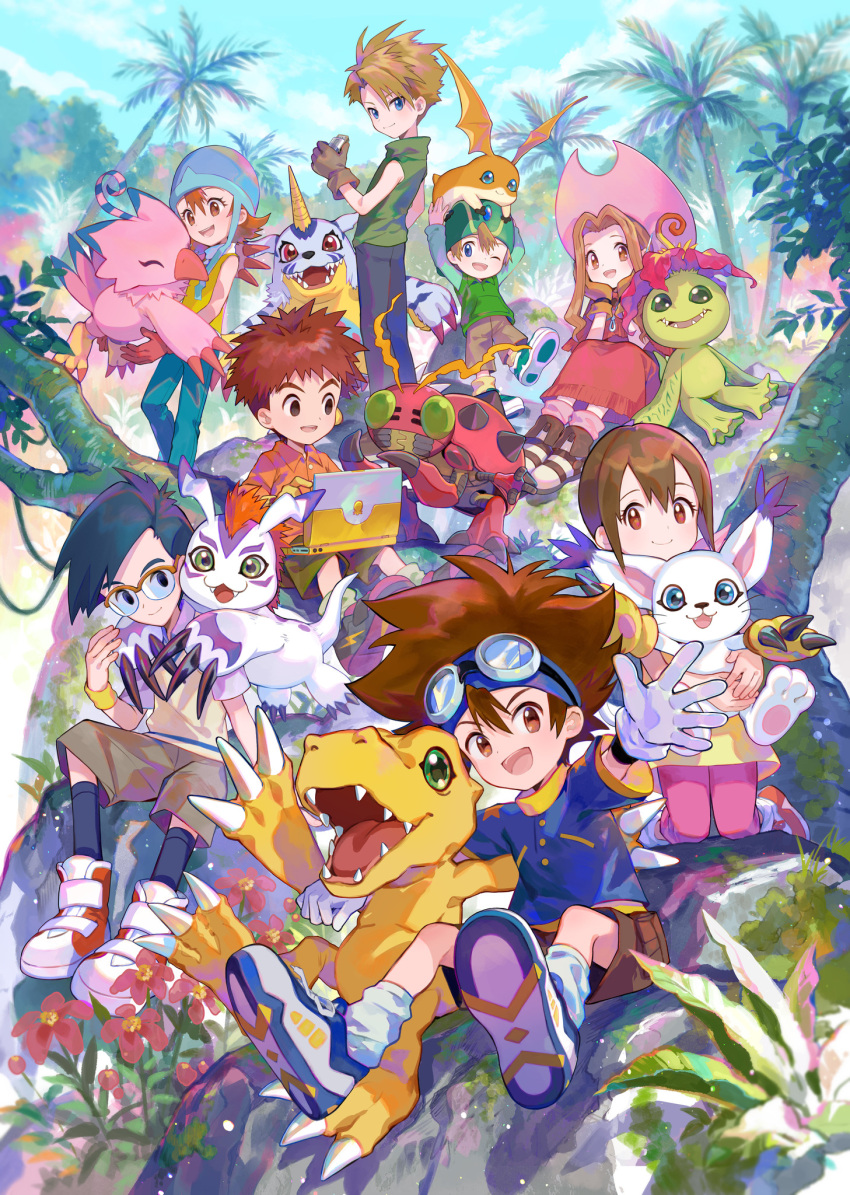 3girls 5boys agumon black_hair blonde_hair blue_eyes blue_sky brown_eyes brown_hair clouds computer copyright_notice digimon digimon_(creature) digimon_adventure everyone flower fuzichoco gabumon glasses gloves goggles goggles_on_head gomamon hat highres hug ishida_yamato izumi_koshiro kido_jo laptop long_hair long_sleeves looking_at_viewer multiple_boys multiple_girls official_art open_mouth outdoors palmon patamon piyomon redhead second-party_source shoes short_hair short_sleeves sitting sky smile sneakers socks standing tachikawa_mimi tailmon takaishi_takeru takenouchi_sora tentomon tree yagami_hikari yagami_taichi