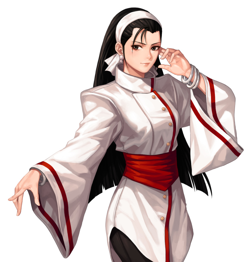 1girl bangs black_eyes black_hair black_pants bracelet breasts buttons closed_mouth earrings evilgun hand_up highres japanese_clothes jewelry kagura_chizuru lips long_sleeves looking_at_viewer medium_breasts pants shiny shiny_skin simple_background smile solo the_king_of_fighters white_background wide_sleeves