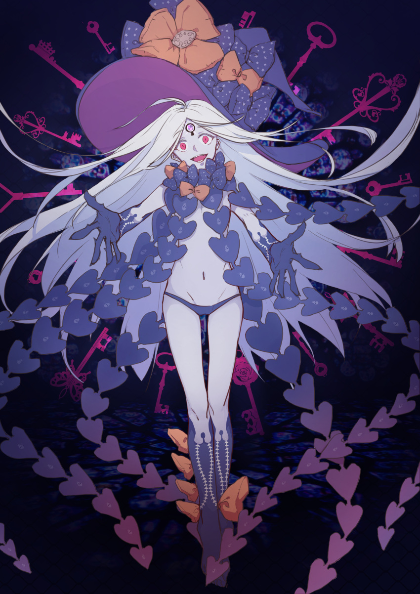 1girl abigail_williams_(fate/grand_order) absurdres black_bow black_headwear black_panties blonde_hair bow cenva fate/grand_order fate_(series) full_body glowing glowing_eye grey_skin hat hat_bow highres keyhole long_hair looking_at_viewer navel open_mouth orange_bow outstretched_arms panties red_eyes revealing_clothes sharp_teeth skinny smile solo star star_print teeth third_eye underwear very_long_hair witch_hat