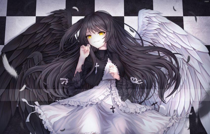 1girl bangs black_dress black_hair black_wings breasts checkered checkered_floor cross dress feathered_wings frilled_dress frills from_above highres inosia long_hair looking_at_viewer lying on_back one_side_up original parted_lips sidelocks small_breasts smile solo two-tone_dress very_long_hair white_dress white_wings wings yellow_eyes