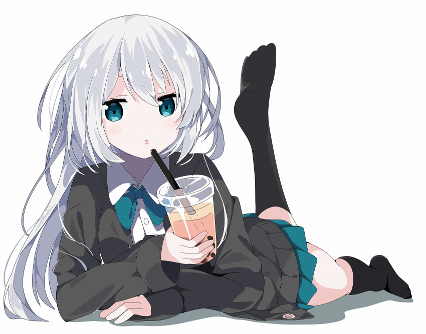 1girl :o bangs black_cardigan black_legwear blue_eyes blue_neckwear blue_skirt blush bow bowtie bubble cardigan collared_shirt commentary_request cup disposable_cup dress_shirt drinking_straw eyebrows_behind_hair full_body hair_between_eyes highres holding holding_cup kneehighs long_hair long_sleeves looking_at_viewer no_shoes open_cardigan open_clothes original parted_lips pleated_skirt shadow shirt silver_hair skirt solo tantan_men_(dragon) white_background white_shirt