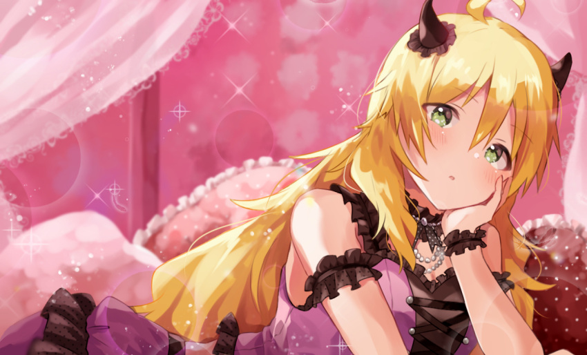 1girl ahoge bare_shoulders blonde_hair blush breasts commentary_request dress eyebrows_visible_through_hair green_eyes hair_between_eyes hoshii_miki idolmaster idolmaster_million_live! idolmaster_million_live!_theater_days imas_ll long_hair looking_at_viewer lying pillow pink_dress solo