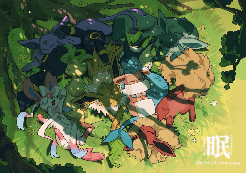 :&lt; :3 closed_eyes drooling eevee espeon fins flareon gen_1_pokemon gen_2_pokemon gen_4_pokemon gen_6_pokemon glaceon grass highres jolteon juanmao leafeon lying on_back on_side pokemon pokemon_(creature) pokemon_quest shade sleeping sylveon tail tail_fin tree umbreon vaporeon