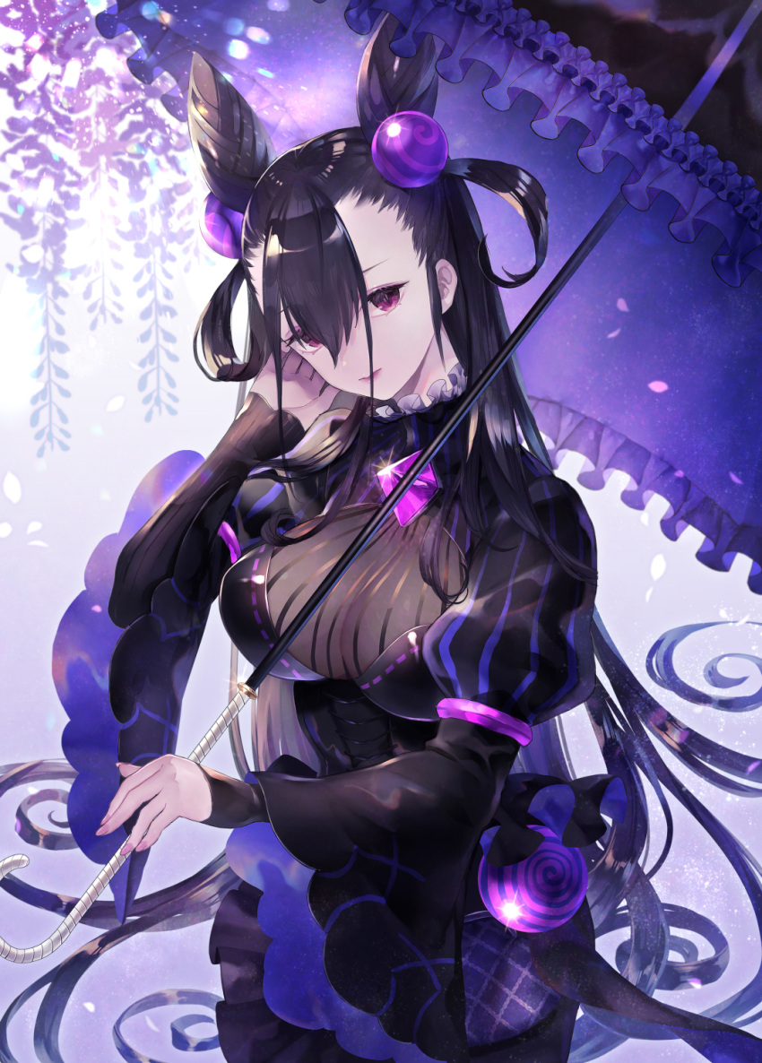 1girl amethyst_(gemstone) bangs black_dress black_hair breasts closed_mouth double_bun dress fate/grand_order fate_(series) flower frilled_umbrella gem highres holding holding_umbrella juliet_sleeves large_breasts long_hair long_sleeves looking_at_viewer murasaki_shikibu_(fate) natsuiro_xx puff_and_slash_sleeves puffy_sleeves solo two_side_up umbrella very_long_hair violet_eyes wide_sleeves wisteria
