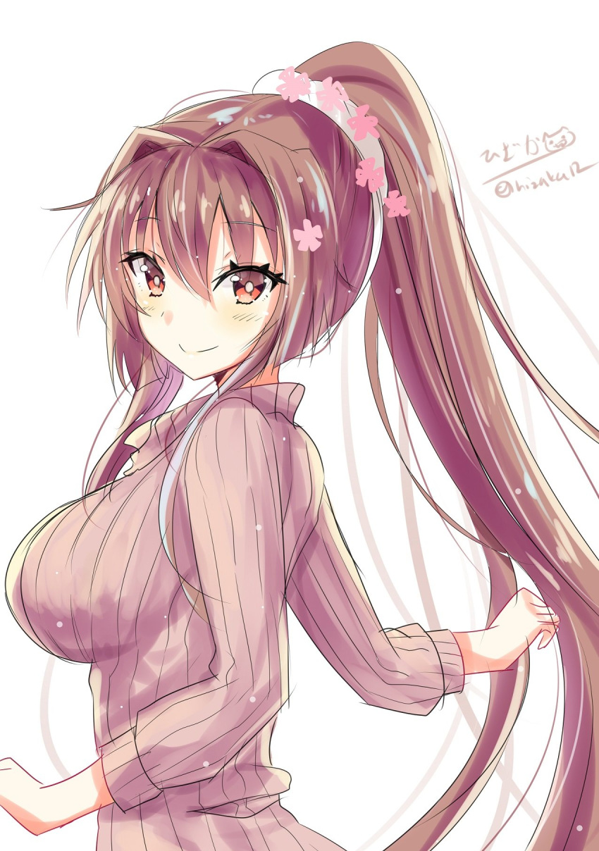 1girl blush breasts brown_eyes brown_hair cherry_blossoms closed_mouth eyebrows_visible_through_hair flower hair_between_eyes hair_flower hair_ornament highres hizaka kantai_collection large_breasts long_hair long_sleeves looking_at_viewer ponytail purple_sweater simple_background smile solo sweater very_long_hair white_background yamato_(kantai_collection)