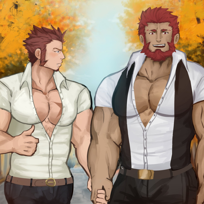 2boys abs autumn bara beard belt blue_eyes blush brown_hair bursting_pecs chest denim facial_hair fate/grand_order fate_(series) highres holding_hands jeans lobokensfw looking_at_viewer male_focus multiple_boys muscle napoleon_bonaparte_(fate/grand_order) pants pectorals red_eyes redhead rider_(fate/zero) saliva scar shirt sideburns smile t-shirt thumbs_up tree