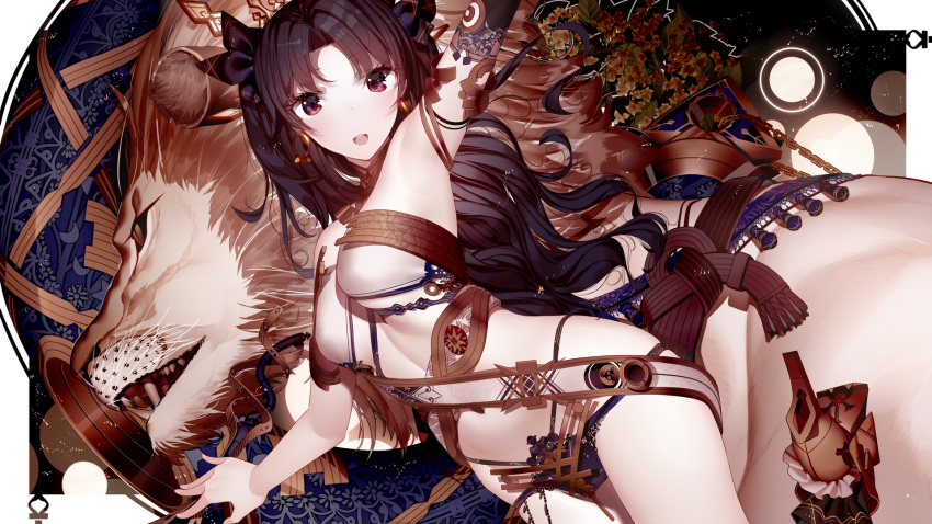 1girl asymmetrical_sleeves atha_(leejuiping) bangs bare_shoulders black_hair breasts brown_eyes crown dutch_angle earrings fate_(series) hair_ribbon high_heels highres hoop_earrings ishtar_(fate/grand_order) jewelry lion long_hair looking_at_viewer medium_breasts navel open_mouth parted_bangs red_eyes ribbon solo two_side_up