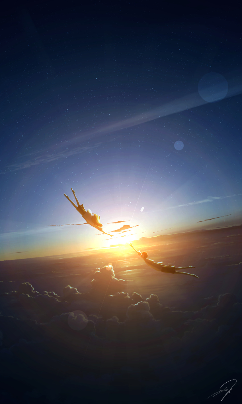 1boy 1girl above_clouds arm_at_side barefoot black_hair blue_sky blurry bokeh clouds dark_clouds dark_sky daybreak_frontline_(vocaloid) depth_of_field dutch_angle faceless faceless_female faceless_male falling fantasy floating_hair from_side highres horizon imminent_hand_holding kijineko light_rays long_hair looking_at_another looking_up night night_sky orange_sky original outstretched_hand profile reaching scenery shirt short_sleeves shorts signature sky star_(sky) starry_sky sun sunlight white_shirt wide_shot