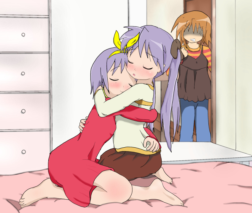 3girls barefoot bed blush brown_hair clenched_hand clenched_teeth closed_eyes dress hair_ornament hair_ribbon highres hiiragi_kagami hiiragi_matsuri hiiragi_tsukasa hug incest indoors long_hair lucky_star multiple_girls no_eyes on_bed open_mouth otoshian purple_hair red_dress ribbon shiny shiny_hair short_hair siblings sisters smile teeth twintails yuri