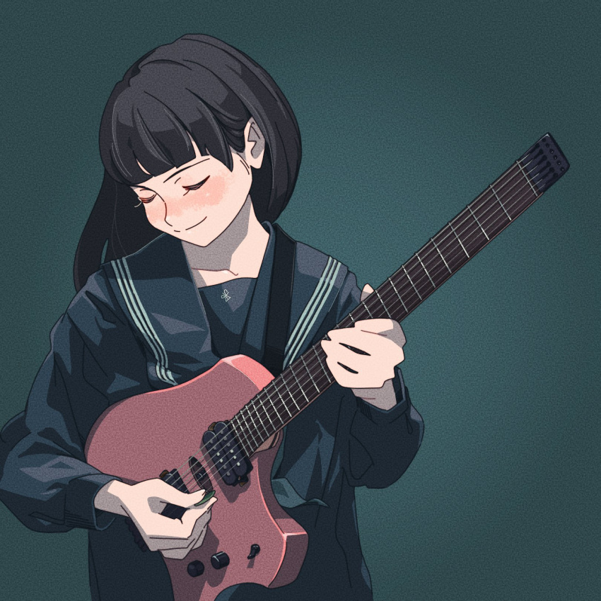 1girl acoustic_guitar bass_guitar black_hair blunt_bangs closed_eyes electric_guitar guitar halftone highres holding holding_instrument instrument long_hair long_sleeves music original playing_instrument plectrum polka_dot sailor_collar school_uniform serafuku solo tariki_fretless violin