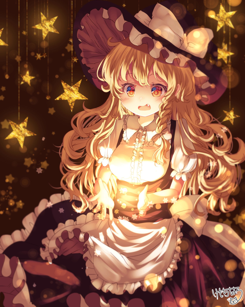 1girl apron arms_up bangs black_skirt black_vest blonde_hair blurry blush bokeh braid breasts commentary_request cowboy_shot depth_of_field fang glowing_hands grimace hair_ribbon hat hat_ribbon highres kemo_chiharu kirisame_marisa light_particles long_hair looking_at_viewer medium_breasts open_hands open_mouth petticoat puffy_short_sleeves puffy_sleeves ribbon short_sleeves single_braid skirt solo standing star star-shaped_pupils symbol-shaped_pupils touhou tress_ribbon very_long_hair vest waist_apron witch_hat yellow_eyes