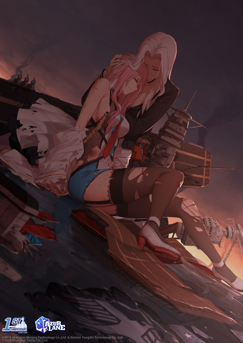 2girls absurdres azur_lane bangs bare_shoulders black_jacket breasts closed_eyes clouds cloudy_sky crying damaged dishwasher1910 dress flight_deck garter_straps gloves head_hug high_heels highres jacket lace lace-trimmed_legwear large_breasts lexington_(azur_lane) logo long_hair multicolored multicolored_clothes multicolored_dress multiple_girls necktie official_art on_water outdoors parted_bangs parted_lips pink_hair red_neckwear rigging rudder_footwear sitting sky smoke sunset torn_clothes torn_legwear very_long_hair watermark white_footwear white_hair yorktown_(azur_lane)