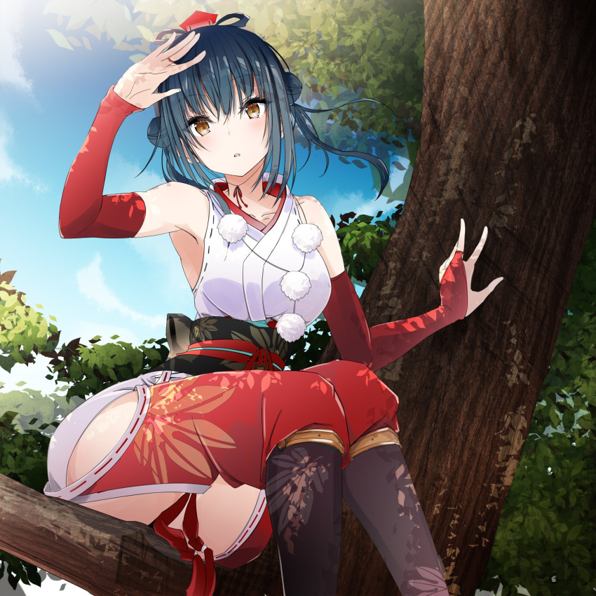 1girl arm_up armpits ass bangs black_hair blue_sky blush breasts collarbone detached_sleeves double_bun feet_out_of_frame from_below hat highres in_tree japanese_clothes large_breasts long_hair looking_at_viewer nijisanji obi outdoors parted_lips pom_pom_(clothes) sash sitting sky solo thighs tokin_hat tree vane virtual_youtuber yamagami_karuta yellow_eyes