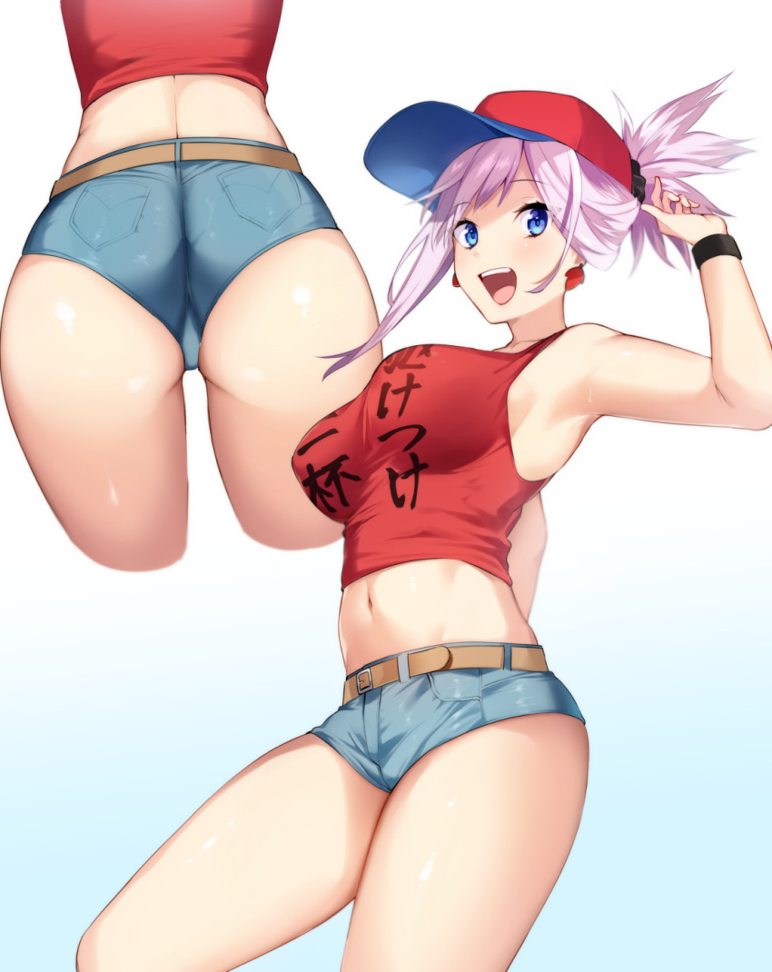 1girl armpits ass bangs bare_shoulders belt blue_eyes blush breasts clothes_writing denim denim_shorts earrings fate/grand_order fate_(series) gradient gradient_background heroic_spirit_traveling_outfit highres iriehana jewelry large_breasts long_hair looking_at_viewer looking_back midriff miyamoto_musashi_(fate/grand_order) multiple_views navel open_mouth pink_hair ponytail red_tank_top short_shorts shorts simple_background smile thighs white_background wristband