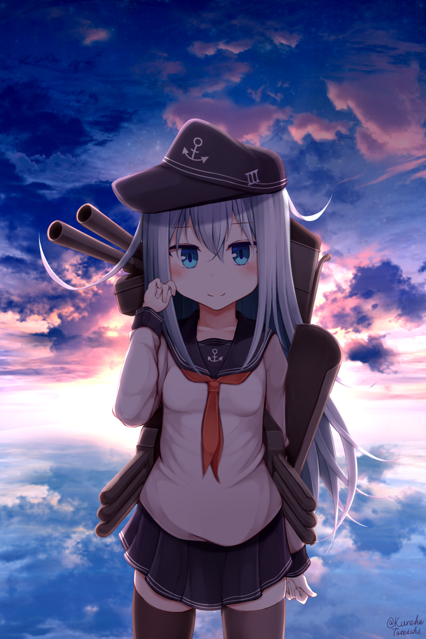 1girl absurdres anchor anchor_symbol baseball_cap black_headwear black_sailor_collar black_skirt blue_eyes blue_sky blush brown_legwear closed_mouth clouds cloudy_sky commentary_request hamayuu_(litore) hat hibiki_(kantai_collection) highres kantai_collection long_sleeves looking_at_viewer machinery ocean outdoors pleated_skirt red_neckwear reflection sailor_collar school_uniform serafuku shirt silver_hair skindentation skirt sky sleeves_past_wrists smile solo sunset thigh-highs twitter_username water white_shirt