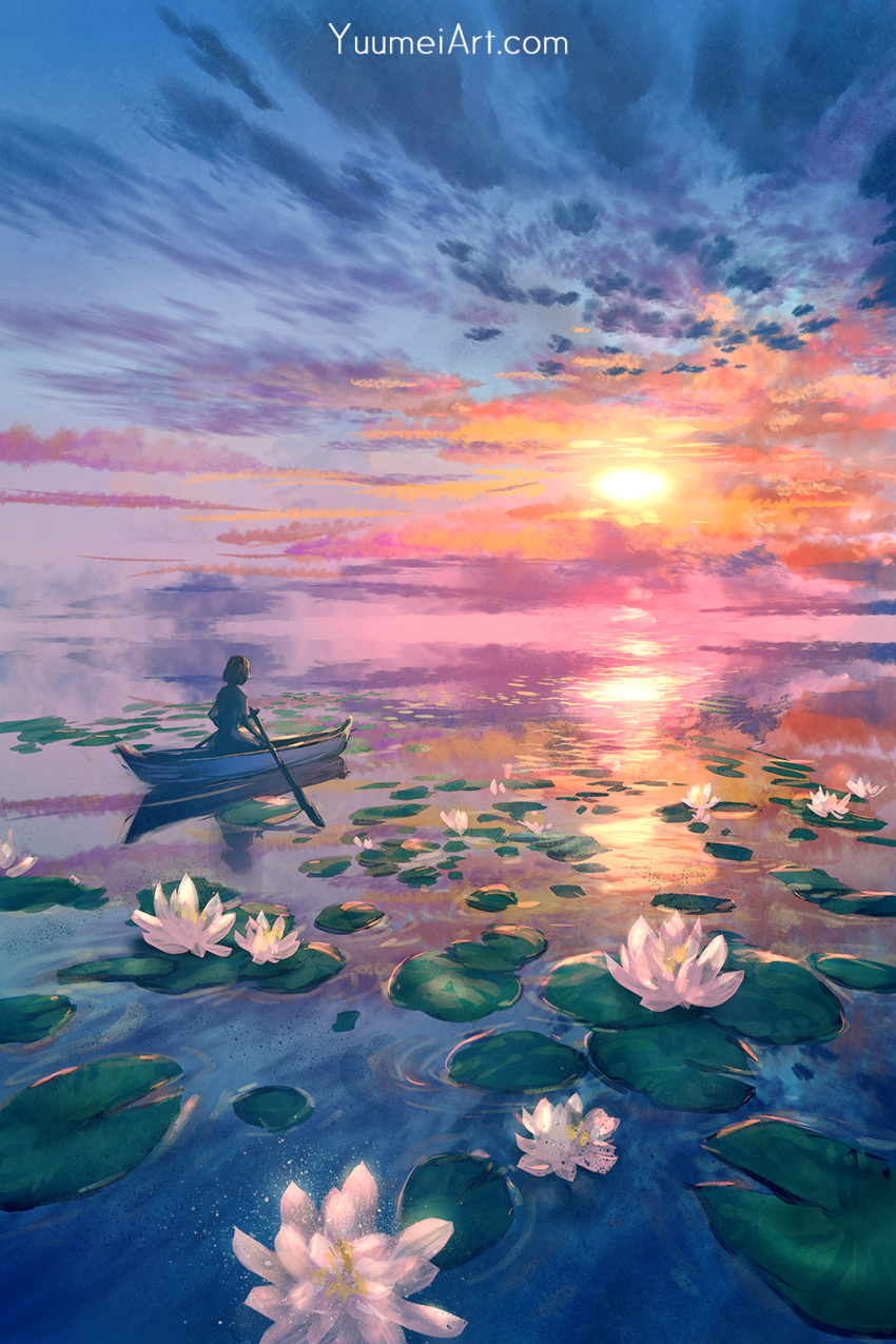 1girl boat clouds english_commentary facing_away flower from_behind highres lily_pad lotus oar original ripples sky solo sunset water watercraft watermark web_address wenqing_yan
