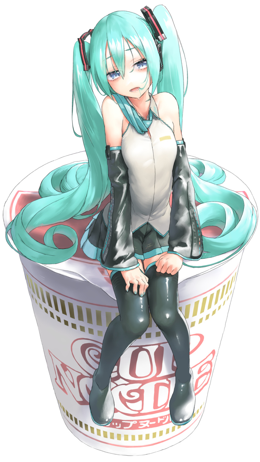 1girl aqua_hair aqua_nails aqua_neckwear bare_shoulders black_legwear black_skirt black_sleeves blue_eyes commentary cup_noodle detached_sleeves drooling flat_chest full_body grey_shirt hair_ornament half-closed_eyes hands_on_own_thighs hatsune_miku headphones highres long_hair looking_at_viewer nail_polish necktie noodle_stopper open_mouth ramen rsk_(tbhono) saliva shirt sitting skirt sleeveless sleeveless_shirt solo thigh-highs twintails very_long_hair vocaloid white_background zettai_ryouiki