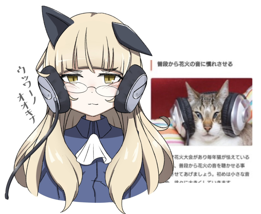 1girl :3 animal_ears blonde_hair blue_shirt blush cat cat_ears commentary_request glasses highres neckerchief perrine_h._clostermann real_life shirt strike_witches tajantajanori thick_eyebrows translation_request white_background white_neckerchief world_witches_series yellow_eyes