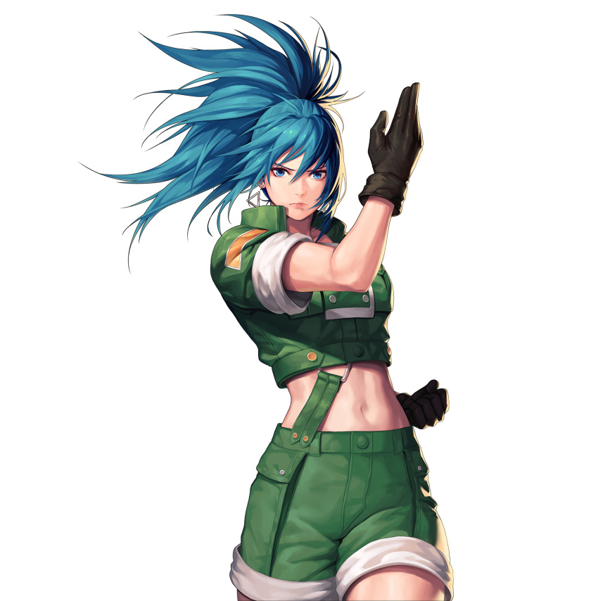 1girl bangs blue_eyes blue_hair blush brown_gloves clenched_hand closed_mouth earrings ers evilgun fighting_stance gloves green_shirt green_shorts hair_between_eyes high_ponytail highres jewelry leona_heidern long_hair looking_at_viewer midriff navel ponytail shirt short_sleeves shorts sleeves_rolled_up snk standing suspender_shorts suspenders thighs