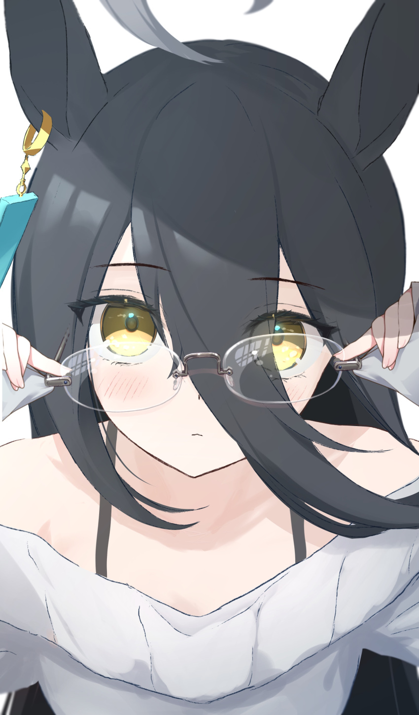 1girl absurdres ahoge black_hair closed_mouth ear_tag expressionless glasses hair_between_eyes highres horse_girl l_kirschblute long_hair_between_eyes long_sleeves looking_at_viewer manhattan_cafe_(umamusume) multicolored_hair shirt sleeves_past_wrists solo two-tone_hair umamusume white_hair white_shirt yellow_eyes