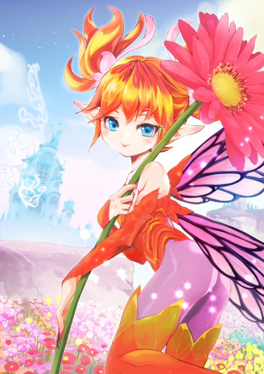 1girl :&gt; absurdres ass bangs bare_shoulders blue_eyes blue_sky butterfly_wings castle chii_(pixiv20756878) closed_mouth day detached_sleeves fairy feo_ul field final_fantasy final_fantasy_xiv fingernails flower flower_field flying highres holding holding_flower leotard long_fingernails long_sleeves looking_at_viewer minigirl orange_hair orange_legwear outdoors pantyhose pink_flower pointy_ears purple_legwear purple_nails purple_wings red_leotard sharp_fingernails short_hair short_twintails sky smile solo strapless strapless_leotard thigh-highs twintails wings yellow_flower