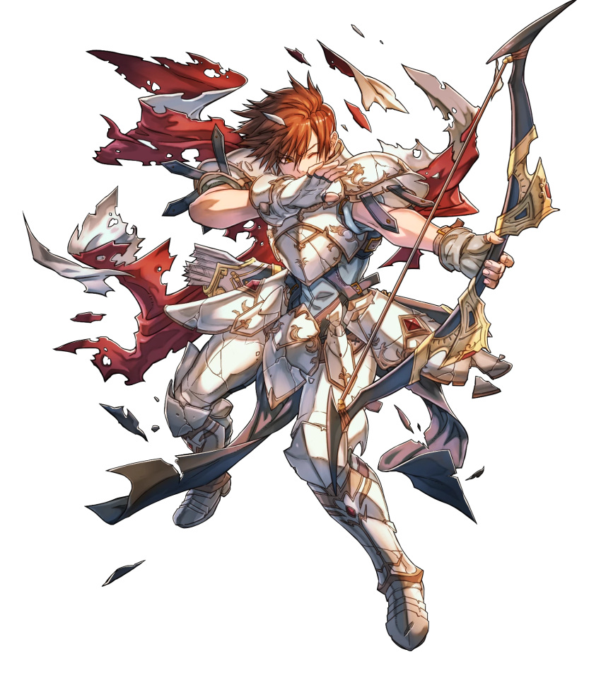 1boy alternate_costume armor armored_boots arrow boots bow_(weapon) brown_hair cape fingerless_gloves fire_emblem fire_emblem:_genealogy_of_the_holy_war fire_emblem:_thracia_776 fire_emblem_heroes full_body gloves highres hino_shinnosuke leif_(fire_emblem) male_focus official_art one_eye_closed orange_eyes quiver solo torn_clothes transparent_background weapon