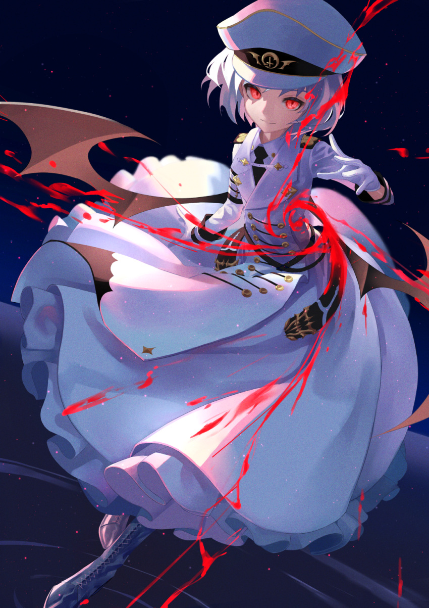 1girl adapted_costume bat_wings belt blood boots commentary cross-laced_footwear dress epaulettes gloves hat highres lavender_hair looking_at_viewer military military_uniform necktie peaked_cap red_eyes remilia_scarlet short_hair slit_pupils solo touhou tsuki-shigure uniform white_dress white_gloves white_headwear white_uniform wings