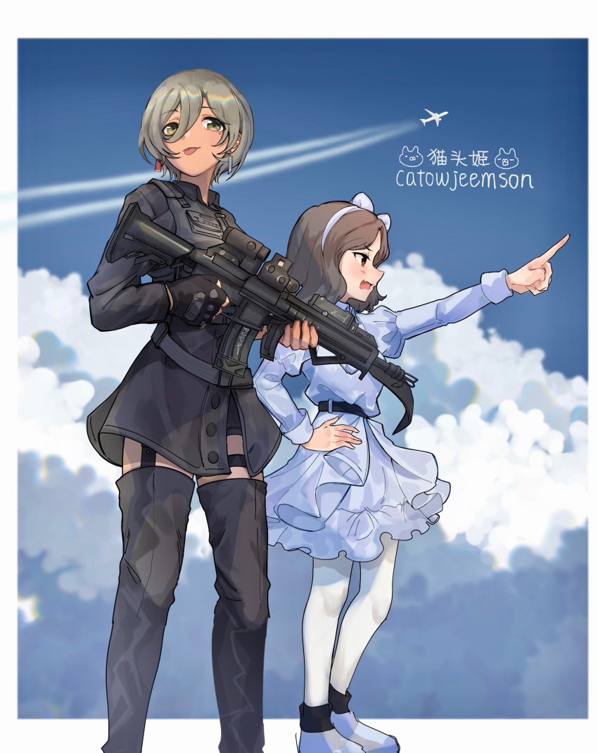 2girls absurdres aircraft airplane artist_name belt black_belt black_coat black_gloves black_shorts black_thighhighs blue_dress blush border brown_eyes brown_hair catowjeemson chinese_commentary clouds coat commentary_request contrail dress earrings ebizuka_tomo fang finger_on_trigger fingerless_gloves garter_straps girls_band_cry gloves gun hair_between_eyes hairband hand_on_own_hip highres holding holding_gun holding_weapon jewelry juliet_sleeves load_bearing_vest long_hair_between_eyes long_sleeves mismatched_earrings multicolored_hair multiple_girls open_mouth outside_border pantyhose puffy_sleeves roots_(hair) rupa_(girls_band_cry) short_hair shorts skin_fang thigh-highs tongue tongue_out weapon white_border white_hairband white_pantyhose