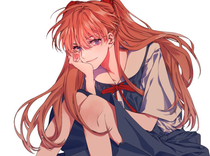 1girl bangs brown_hair c8_3am closed_mouth eyebrows_visible_through_hair hair_between_eyes hair_ornament long_hair looking_at_viewer neon_genesis_evangelion red_neckwear red_ribbon ribbon school_uniform short_sleeves simple_background sitting skirt smile solo souryuu_asuka_langley suspender_skirt suspenders two_side_up very_long_hair violet_eyes white_background