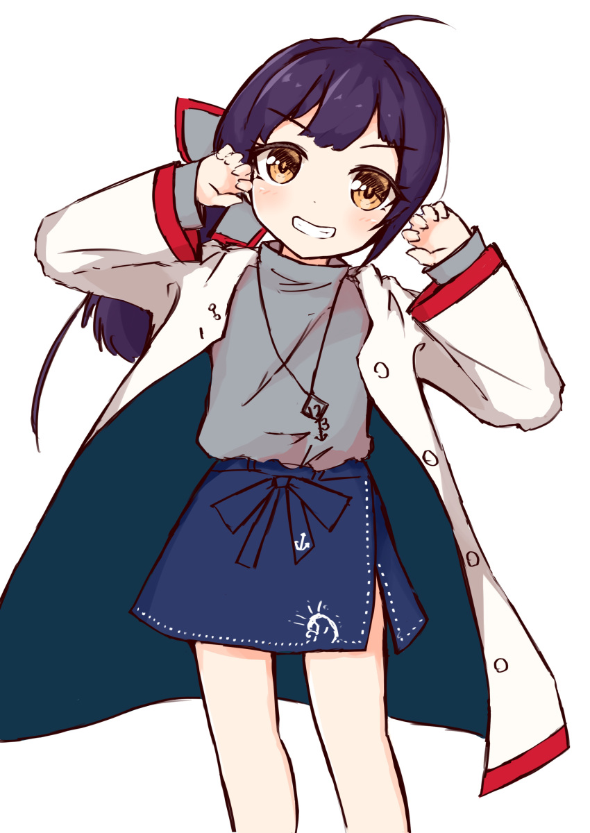 1girl absurdres ahoge alternate_costume bangs blue_skirt blush brown_hair coat commentary_request eyebrows_visible_through_hair fujinami_(kantai_collection) grey_shirt grin hands_up head_tilt highres ichi kantai_collection long_hair long_sleeves looking_at_viewer open_clothes open_coat purple_hair shirt simple_background skirt smile solo white_background white_coat