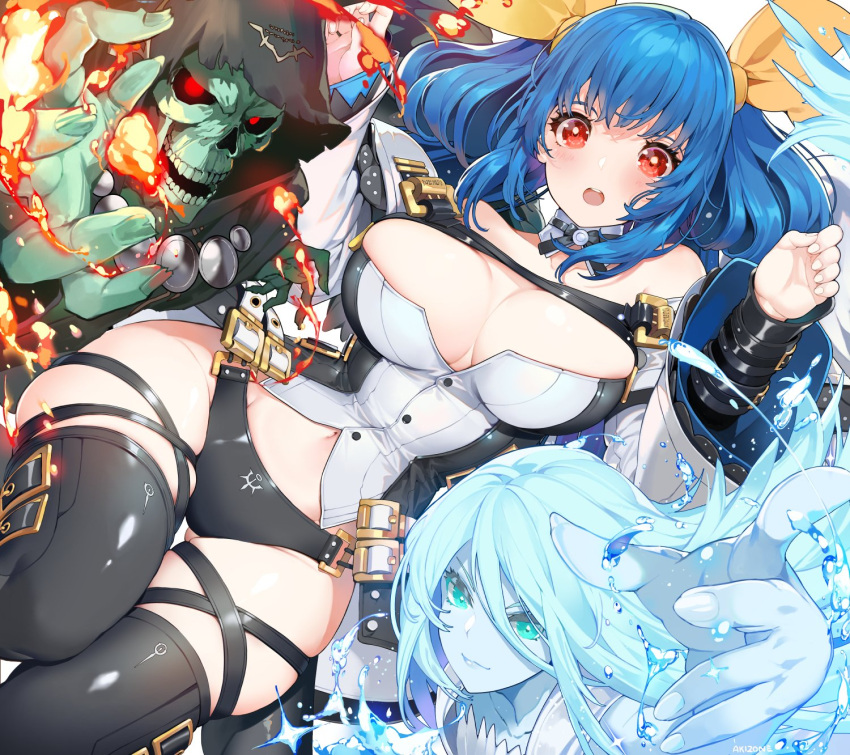 1other 2girls akizone bangs bare_shoulders black_legwear black_panties black_ribbon blue_hair breasts cloak collarbone commentary_request dizzy fire grey_eyes guilty_gear highres hood hood_up large_breasts long_hair long_sleeves looking_at_viewer lying multiple_girls navel on_back panties red_eyes ribbon skull smile teeth thigh-highs twintails underwear water white_hair white_skin yellow_ribbon