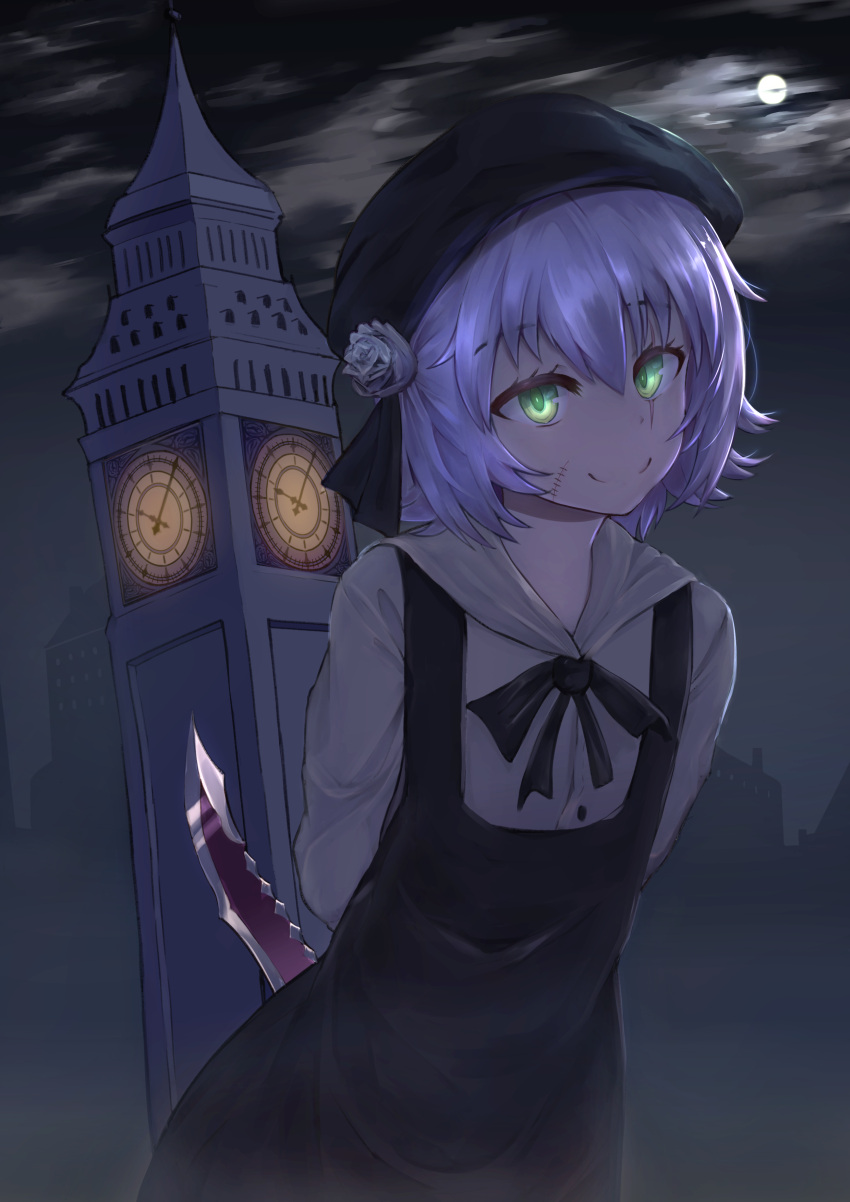 1girl absurdres arms_behind_back bandages black_headwear black_ribbon commentary_request elizabeth_tower eyebrows_visible_through_hair facial_scar fate/grand_order fate_(series) flower green_eyes grey_flower greypidjun hat hat_flower highres holding holding_knife jack_the_ripper_(fate/apocrypha) knife looking_at_viewer pixiv_fate/grand_order_contest_2 ribbon scar scar_across_eye short_hair silver_hair smile solo