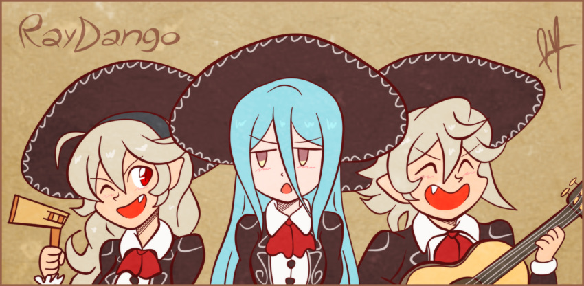 1boy 2girls angry annoyed aqua_(fire_emblem_if) aqua_hair artist_name azura_(fire_emblem) black_hairband blush bowtie closed_eyes corrin_(fire_emblem) corrin_(fire_emblem)_(female) corrin_(fire_emblem)_(male) deviantart_username dragon_boy dragon_girl elf fang female_my_unit_(fire_emblem_if) fire_emblem fire_emblem_fates fire_emblem_heroes fire_emblem_if guitar hairband hat human instrument intelligent_systems kamui_(fire_emblem) long_hair looking_at_another male_my_unit_(fire_emblem_if) manakete mariachi mexican mexican_artist mexico my_unit_(fire_emblem_if) nintendo one_eye_closed pixiv_username pointy_ears rattle raydango red_eyes short_hair smile twitter_username white_hair wink