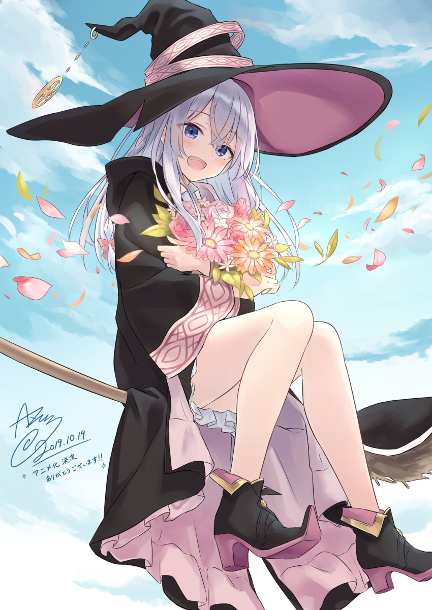 1girl :d azuuru bare_legs black_cloak black_footwear black_headwear blue_eyes blue_sky boots bouquet broom broom_riding cloak clouds commentary_request dated elaina_(majo_no_tabitabi) flower frills hat high_heel_boots high_heels highres holding holding_bouquet hood hood_down long_hair long_sleeves looking_at_viewer majo_no_tabitabi open_mouth orange_flower outdoors petals pink_flower signature silver_hair sitting sky smile solo thighs wide_sleeves wing_collar witch witch_hat