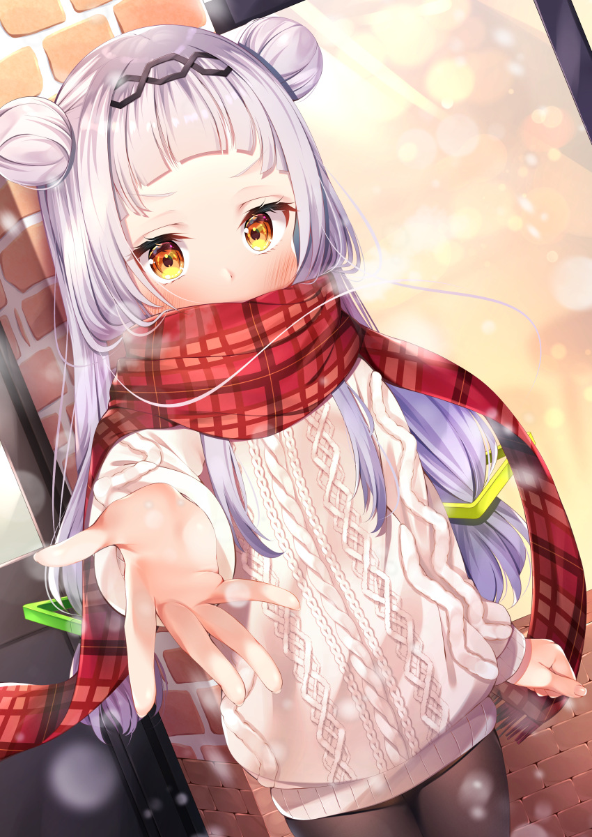 1girl absurdres aran_sweater bangs blunt_bangs blush breath clenched_hand double_bun eyebrows hair_ornament hair_over_shoulder headband highres hololive long_hair long_sleeves looking_at_viewer murasaki_shion nari_(narikashi) outdoors outstretched_hand pantyhose plaid plaid_scarf red_skirt scarf scarf_over_mouth silver_hair skirt snowing solo sweater virtual_youtuber winter winter_clothes yellow_eyes