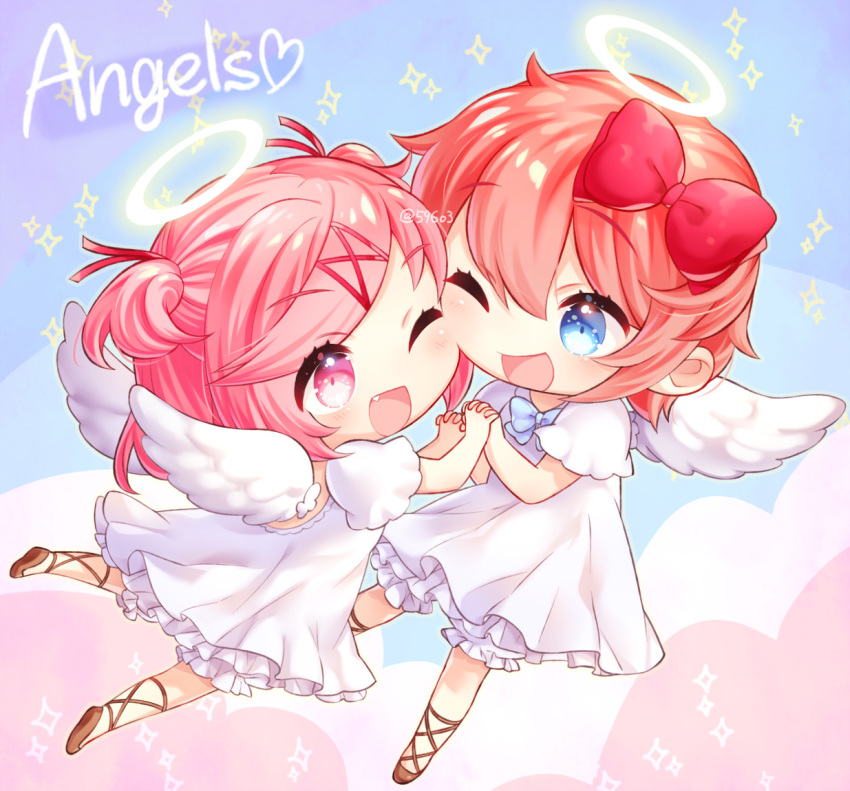 :d ;d angel angel_wings bangs blue_eyes blue_neckwear bow bowtie chibi commentary doki_doki_literature_club dress eyebrows_visible_through_hair eyes_visible_through_hair fang hair_bow halo holding_hands interlocked_fingers nan_(gokurou) natsuki_(doki_doki_literature_club) one_eye_closed open_mouth pink_eyes pink_hair red_bow sayori_(doki_doki_literature_club) short_hair short_sleeves smile sparkle twitter_username two_side_up white_dress wings