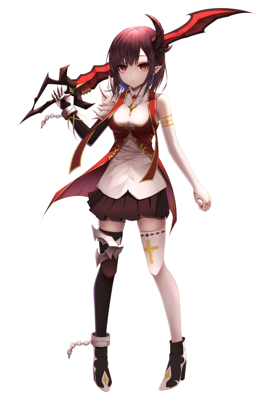 1girl absurdres bangs bare_shoulders black_gloves black_legwear black_skirt breasts commentary_request eyebrows_visible_through_hair gloves gyungsin highres holding holding_sword holding_weapon horn jacket large_breasts original pointy_ears red_eyes red_jacket shoes simple_background skirt solo sword thigh-highs weapon white_background white_gloves white_legwear