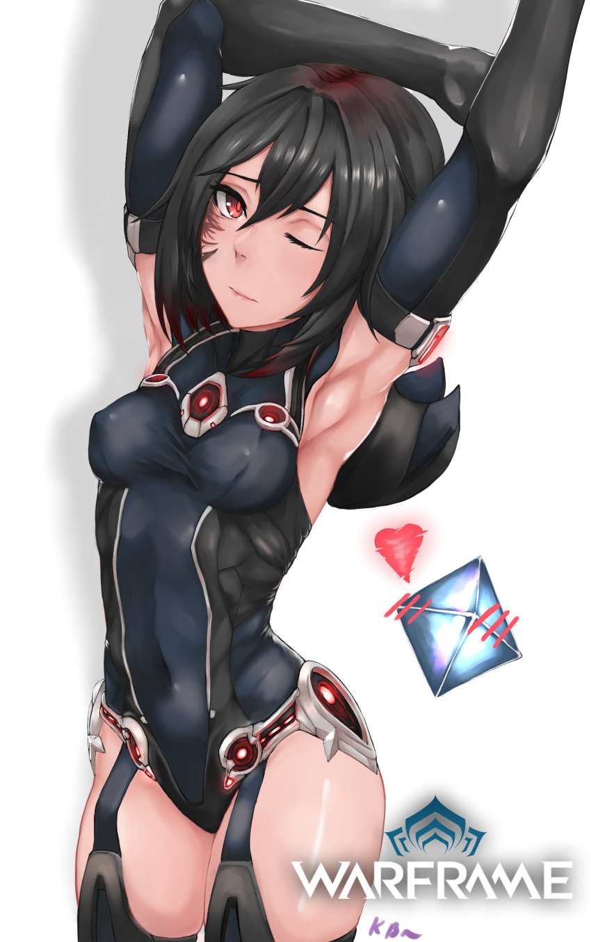 1girl absurdres armpits bangs black_hair bodysuit breasts commentary eyebrows_visible_through_hair highres kb-5 leotard long_hair looking_at_viewer multicolored_hair one_eye_closed operator_(warframe) ordis_(warframe) red_eyes redhead scar small_breasts solo streaked_hair two-tone_hair warframe