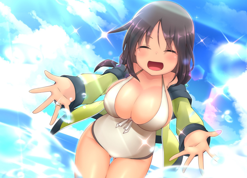 1girl alice_gear_aegis ass_visible_through_thighs beach breasts brown_hair closed_eyes clouds dark_skin eyebrows_visible_through_hair happy highres jacket jacket_over_swimsuit jewelry kaneshiya_sitara large_breasts open_hands open_mouth ring sada_mamesuke shiny sky smile solo swimsuit white_swimsuit