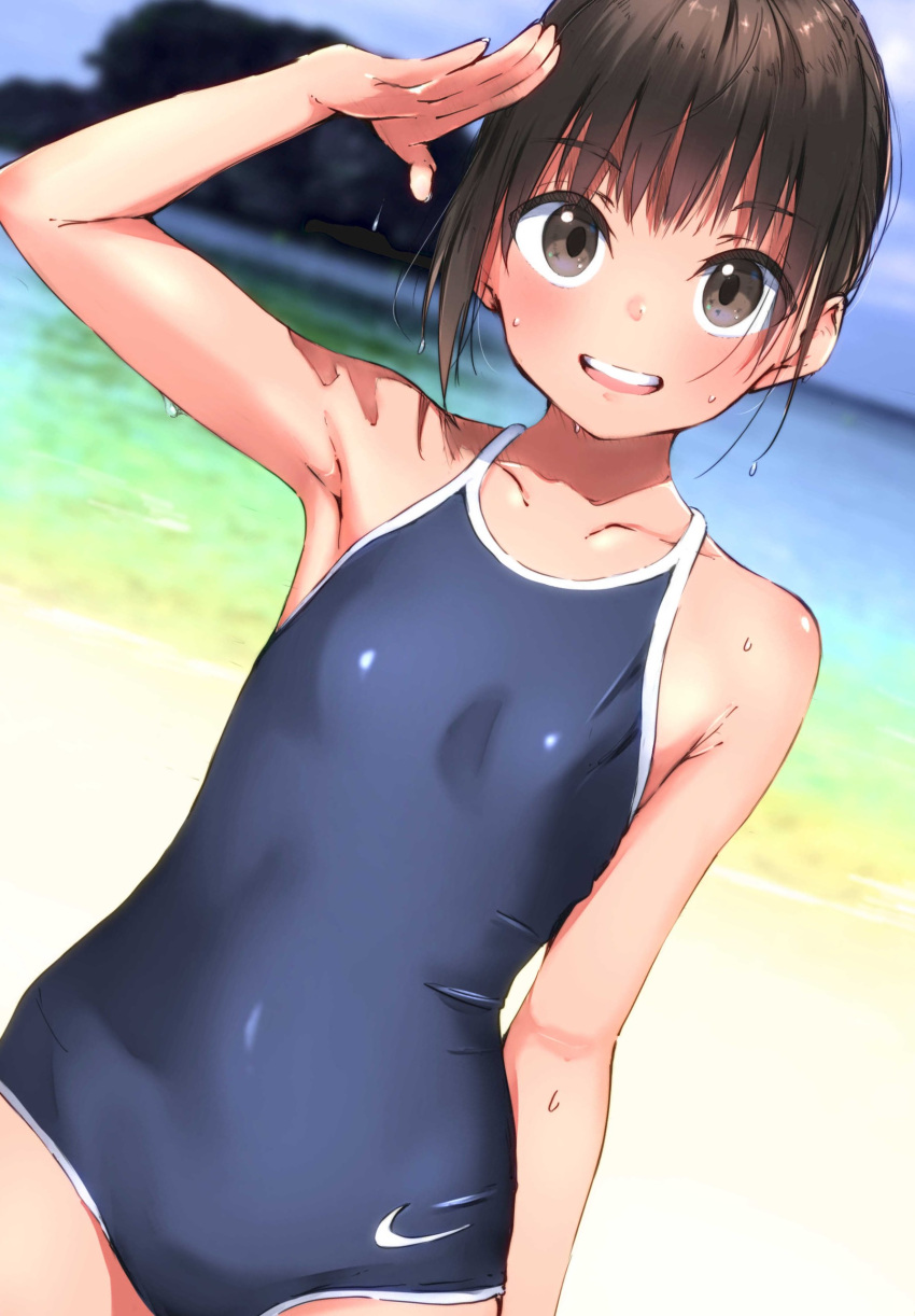 1girl absurdres amego black_hair blue_sky blue_swimsuit breasts brown_eyes clouds commentary_request competition_school_swimsuit cowboy_shot day dutch_angle highres logo nike open_mouth original outdoors round_teeth school_swimsuit short_hair sky small_breasts smile solo standing swimsuit teeth upper_teeth