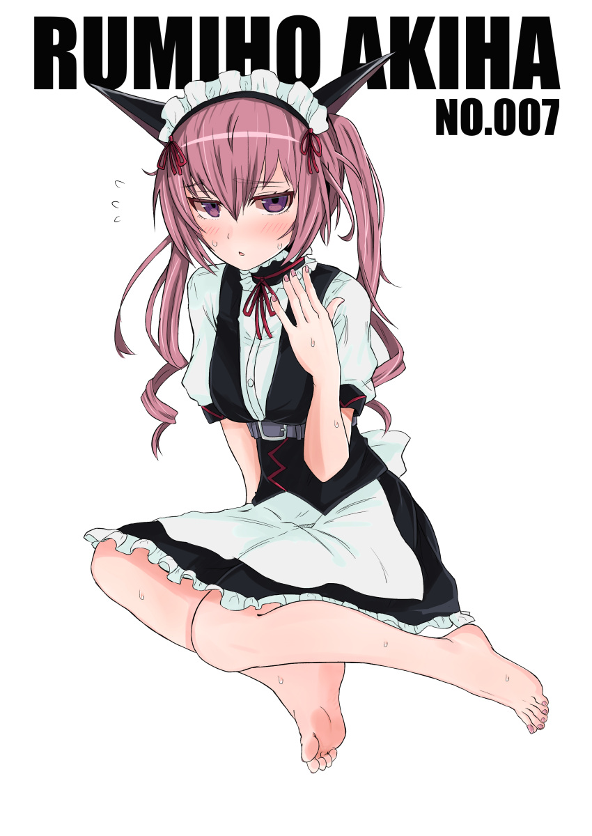1girl absurdres akiha_rumiho animal_ears apron bare_legs barefoot blush breasts cat_ears character_name dress eyebrows_visible_through_hair full_body highres kahlua_(artist) looking_at_viewer maid maid_apron maid_headdress medium_breasts medium_hair nail_polish neck_ribbon parted_lips pink_hair pink_nails red_neckwear ribbon short_sleeves simple_background soles solo steins;gate sweat twintails violet_eyes white_background