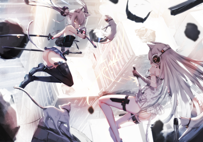 2girls animal animal_ear_fluff animal_ears awp_(girls_frontline)_(dyolf) bare_arms bare_shoulders battle black_footwear black_legwear blue_eyes blue_skirt breasts brown_eyes building cat cat_ears cat_girl cat_tail commentary_request dress dual_wielding dyolf glowing glowing_eyes headphones heterochromia highres holding holding_knife holding_sword holding_weapon katana knife long_hair miniskirt multiple_girls no_panties original pleated_dress pleated_skirt shoes silver_hair skirt skyscraper sleeveless sleeveless_dress small_breasts strap_slip strapless sword tail thigh-highs twintails very_long_hair weapon white_cat white_dress white_hair